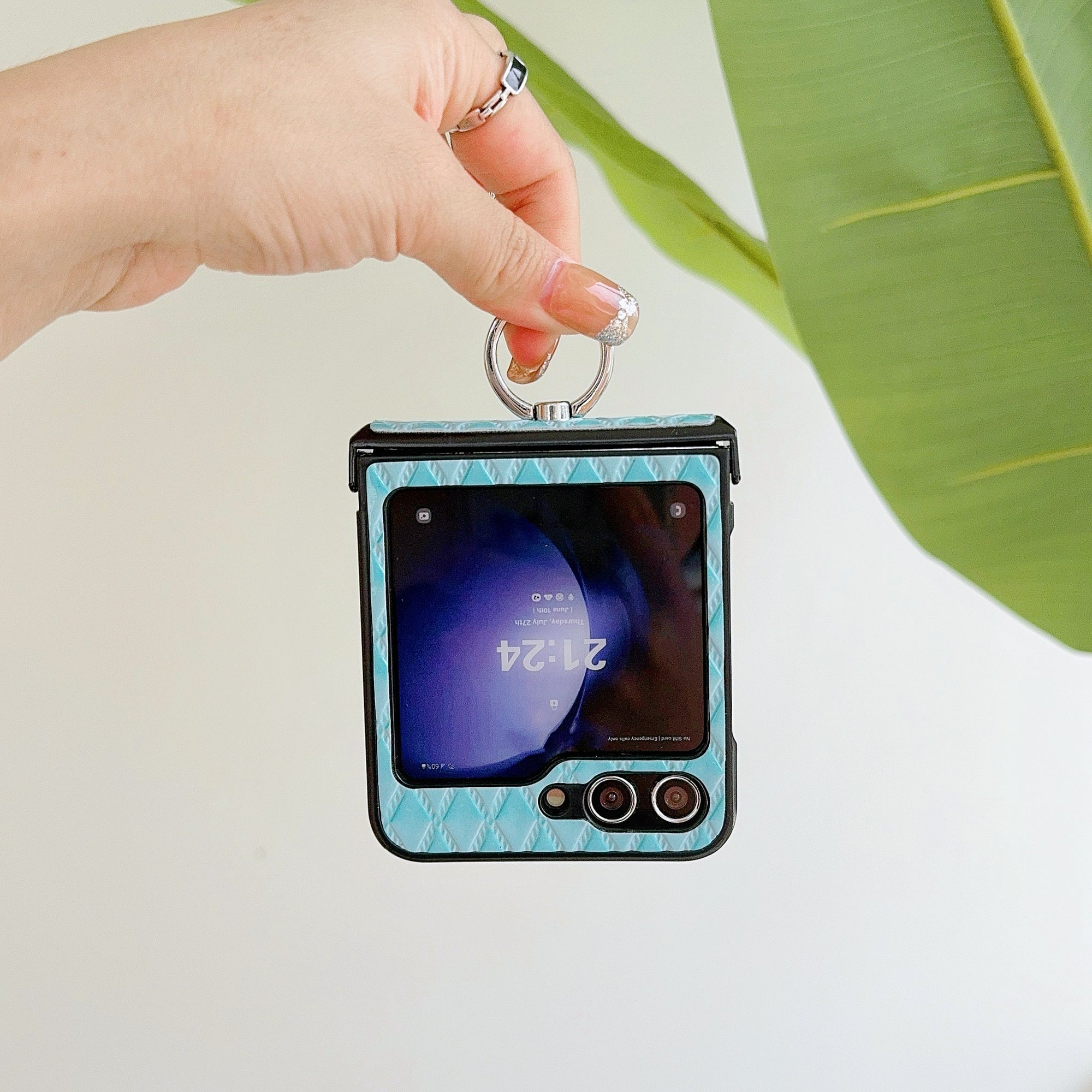 For Samsung Galaxy Z Flip6 5G Rhombus Imprinted PU Leather Coated PC Phone Cover with Ring Kickstand - Baby Blue For Samsung Galaxy Z Flip6 5G Rhombus Imprinted PU Leather Coated PC Phone Cover with Ring Kickstand - Baby Blue